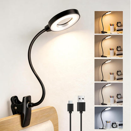 Clip on Reading Light for Bed Headboard, 5 Colors & 5 Brightness, Black