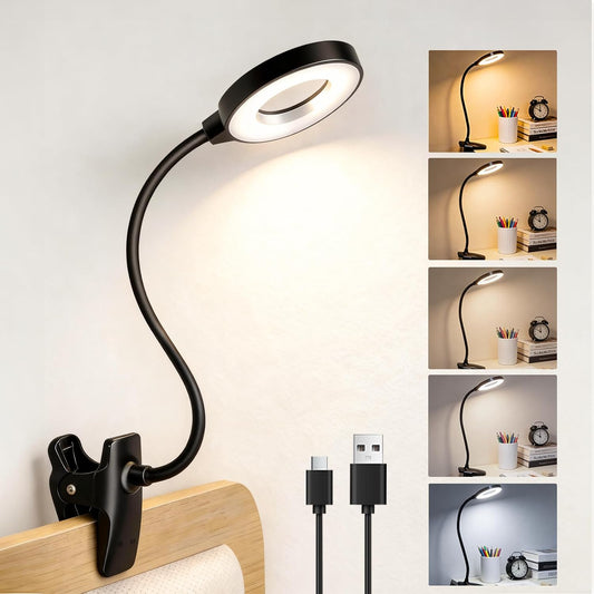 Clip on Reading Light for Bed Headboard, 5 Colors & 5 Brightness, Black