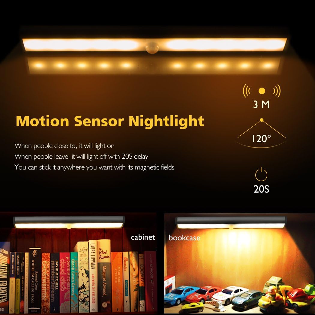 Wireless Motion Sensor Cabinet Lights 10-LED USB Rechargeable Closet Lights LED Under Cabinet Lighting for Wardrobe/Drawer/Stairs/Cupboard/Counter/Pantry/Stairs,Stick On Anywhere,2 Pack,White Light