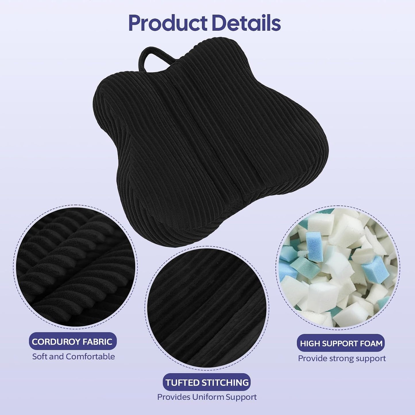 Lumbar Support Pillow for Couch, Back Support Pillow for Chair | Heart-Shape Back Cushion with Shredded Foam for Back Pain Relief & Reading, Lumbar Cushions for Recliner, Car, Black
