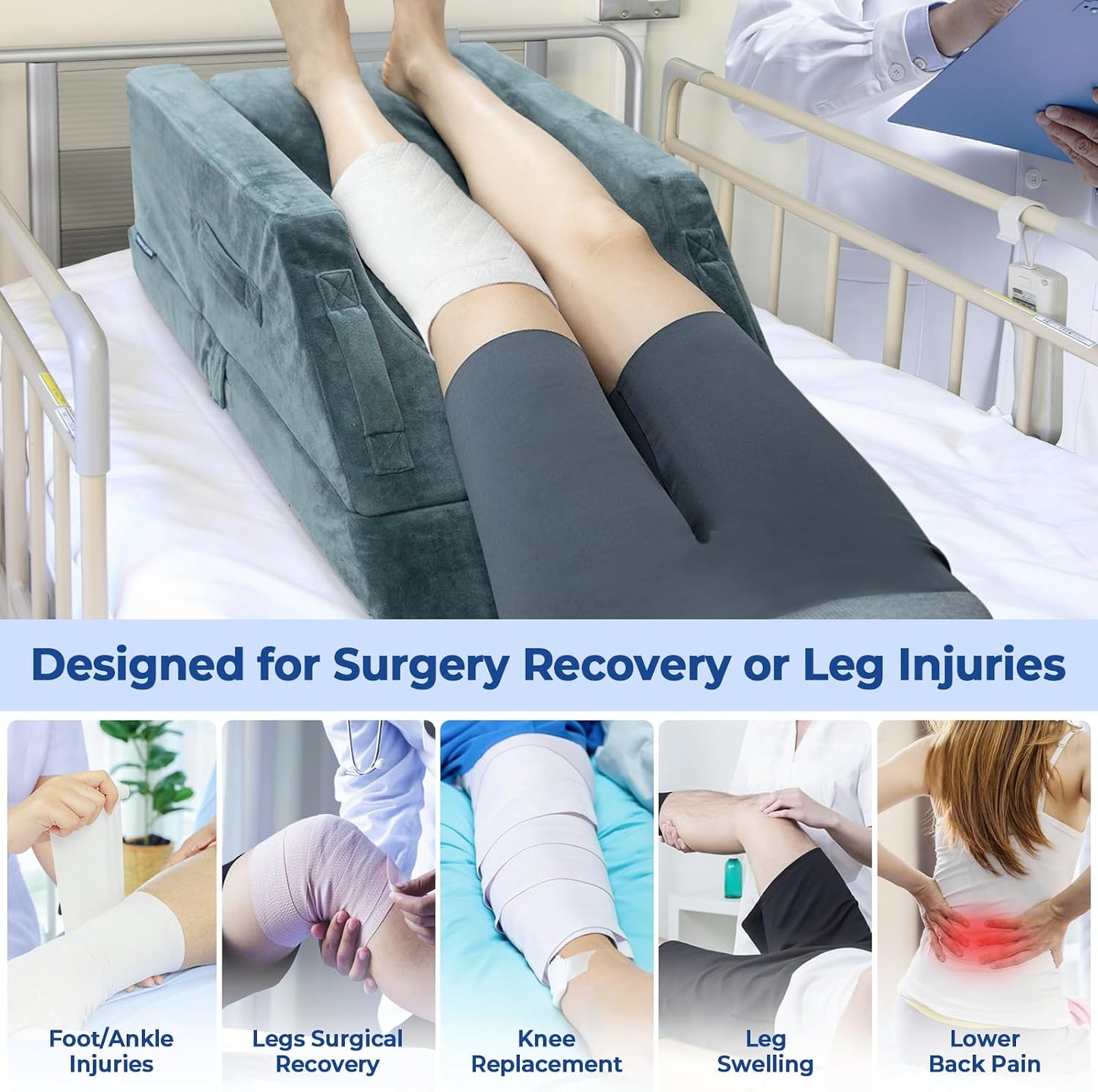 KingPavonini 4-Height Adjustable Leg Elevation Pillows for After Surgery | Soft Yet Supportive Memory Foam, Fits Various Heights, Relieve Pain & Swelling, 4 Handles & Insert Pad, Washable Velvet Cover