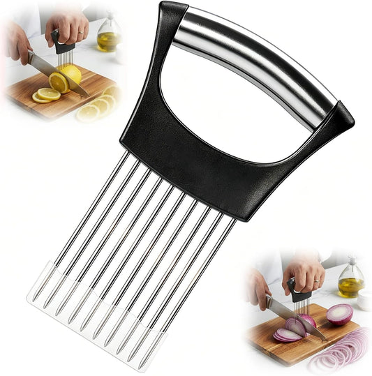 Onion Slice Holder, Stainless Steel Onion Holder for Slicing with Protective Case,Chopper Slicing Assistant Tool for Meat, Onion, Potato, Tomato,Lemon - Kitchen Gadgets