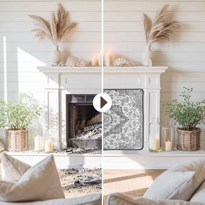 Magnetic Fireplace Cover Grey Medieval Flowers Fireplace Screen Decorative Retro Bohemian Pattern Insulation Fireplace Blocker Save Energy Fireplace Draft Stopper Covers for Living Room 39x32 Inch