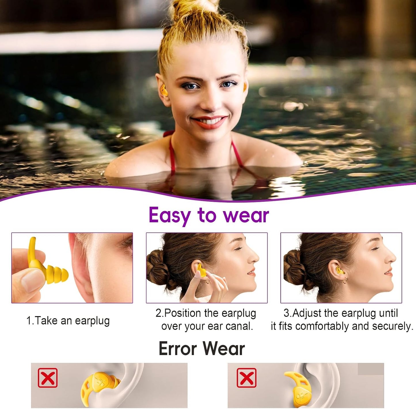 Waterproof Swimming Ear Plugs for Adults Kids, 3 Pairs Reusable Silicone | Reusable swim earplugs for pools, surfing, diving, showering and water sports, Keep Water Out and Ear Protection