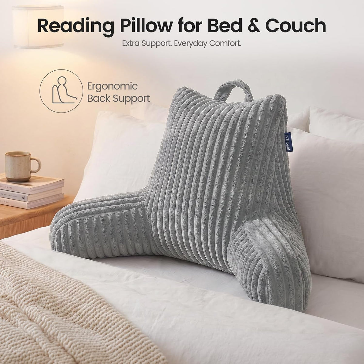 Reading Pillow for Sitting up in Bed, Adjustable Memory Foam Bed Rest Pillow, Wide-wale Plush Cover Machine Washable, Neck Back and Lumbar Support Pillow-Grey