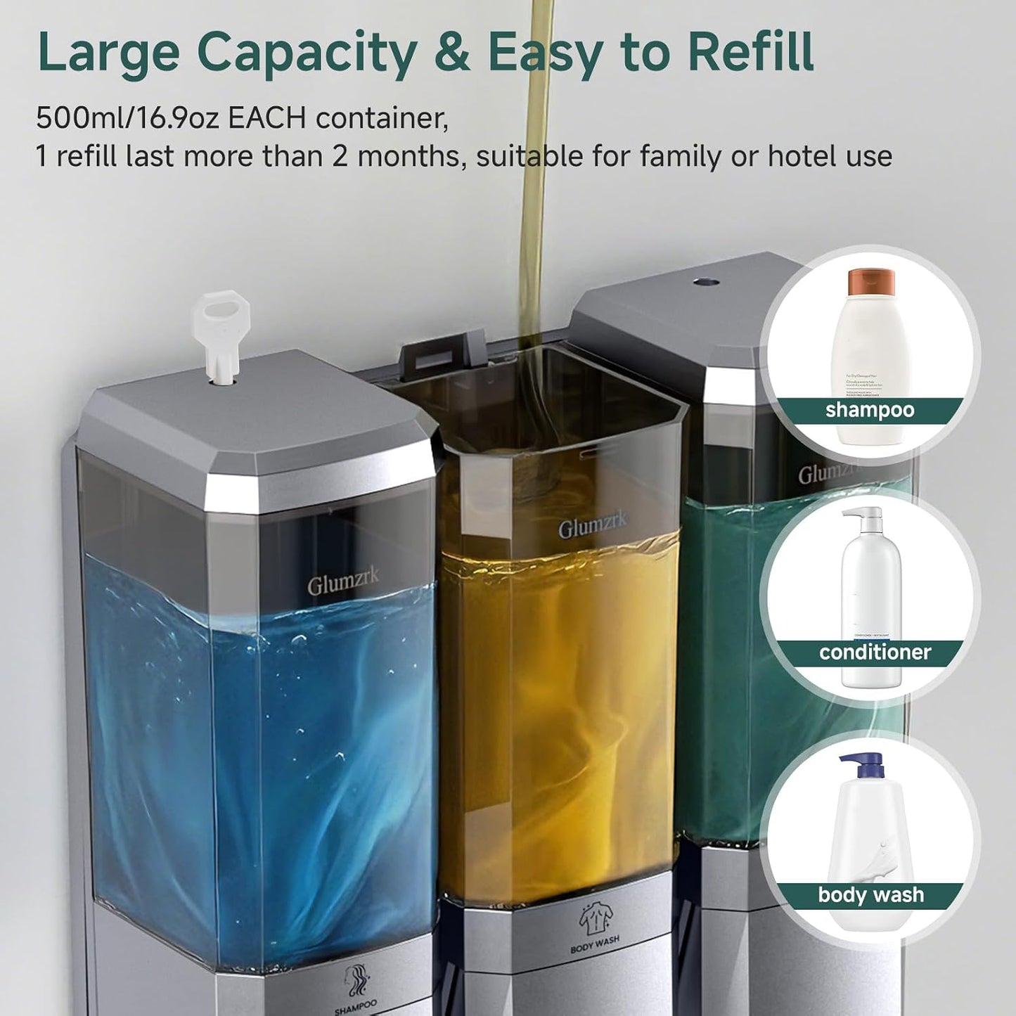 Shampoo and Conditioner Dispenser 3 Chamber No Drill Shampoo Dispenser for Shower Wall Mounted Shower Soap Dispenser 3 * 500ml Refillable Shower Dispenser for Bathroom Hotel(Black 3 Chamber)