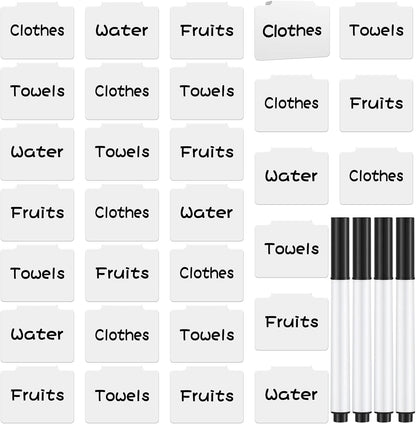 18 Pcs White Basket Labels Clip on, Removable Hanging Bin Labels for Storage Bin with Chalk Markers for Basket Kitchen Pantry