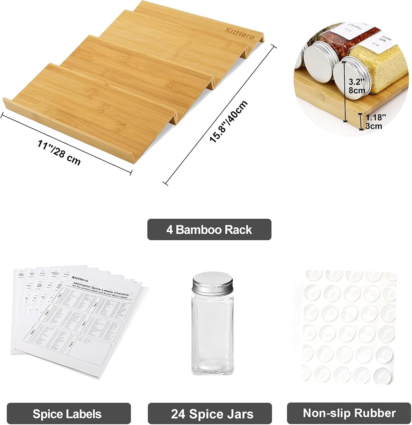 Spice Drawer Organzier,4 Tiers Bamboo Spice Rack Tray Insert for Cabinet Drawer Countertop, Kitchen Seasoning Storage Drawer Organization,14.57" Wide x 15.8" Deep （Hold UP To 32 Jars