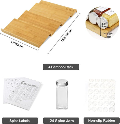 Spice Drawer Organzier,4 Tiers Bamboo Spice Rack Tray Insert for Cabinet Drawer Countertop, Kitchen Seasoning Storage Drawer Organization,14.57" Wide x 15.8" Deep （Hold UP To 32 Jars