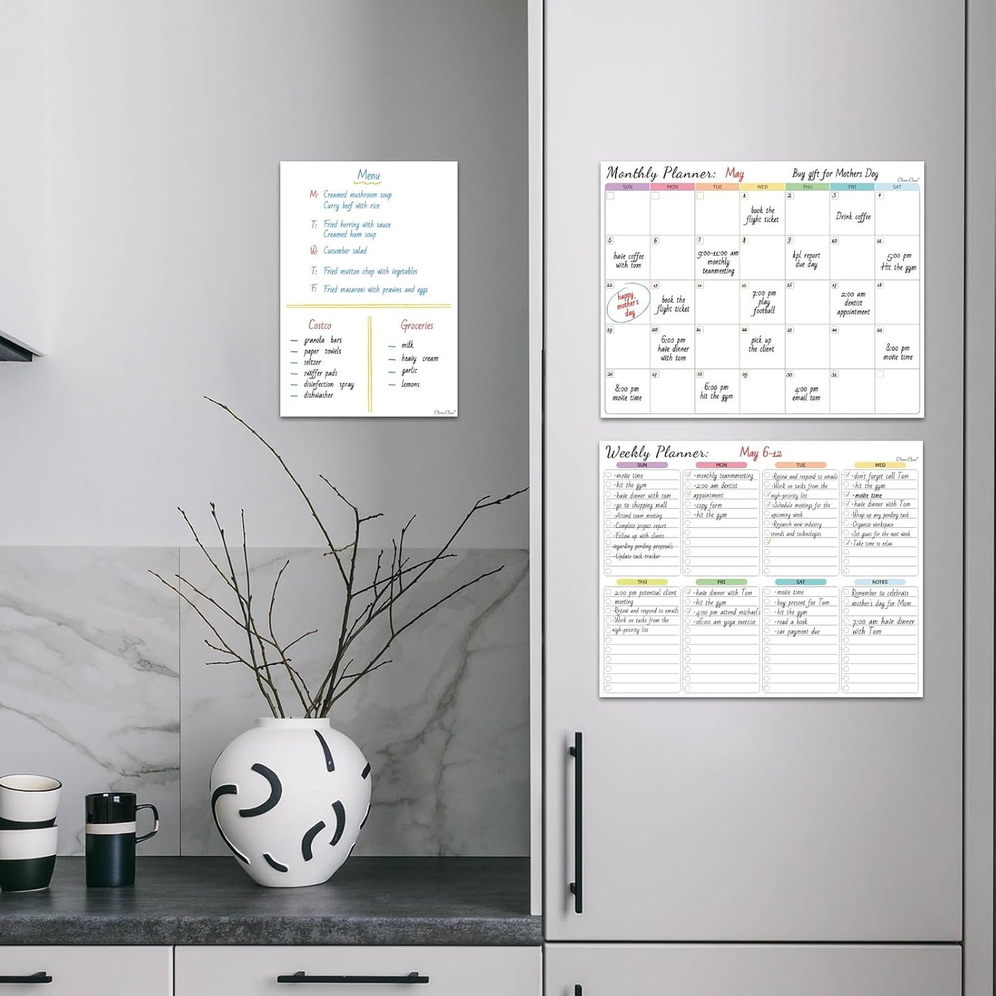 Non-Magnetic Dry Erase Calendar Set for Fridge - Reusable Monthly and Weekly Calendar Sticks to Most Smooth Surfaces - 6 Dry Erase Markers Included - Shipped Flat