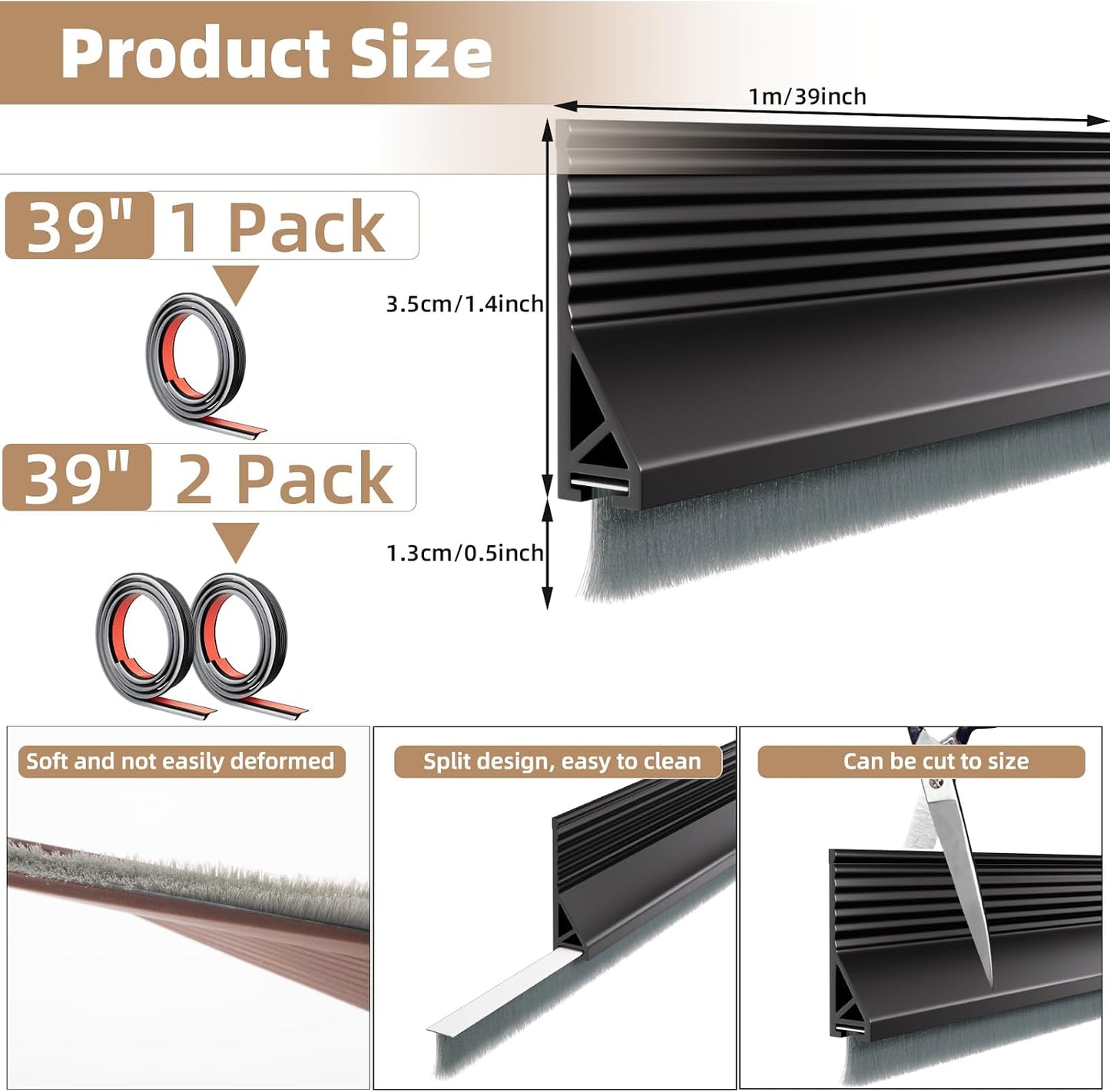 KNEELISA 39”X 1 Pack Door Sweep Brush Bottom Exterior & Interior,Silicone | Adhesive Under Door Draft Stopper with Bristle,Gap Filler Noise Blocker,Soundproofing Seal Strip,Black