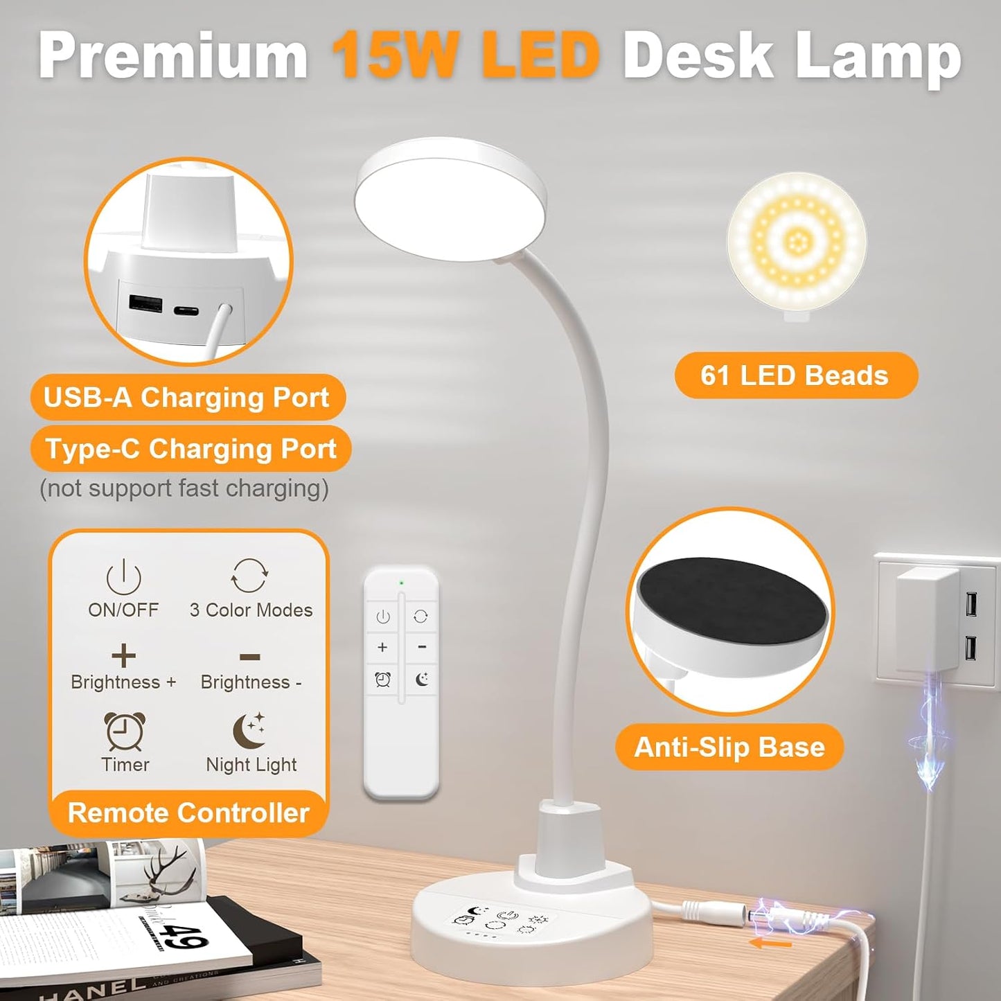15W LED Desk Lamp with USB Charging Ports – Dimmable Table Lamp with 3 Color Temps, 5 Brightness, 4 Timers, Flexible Gooseneck Light with Base, Eye-Caring Reading Light for Home Office, Bedroom, Study