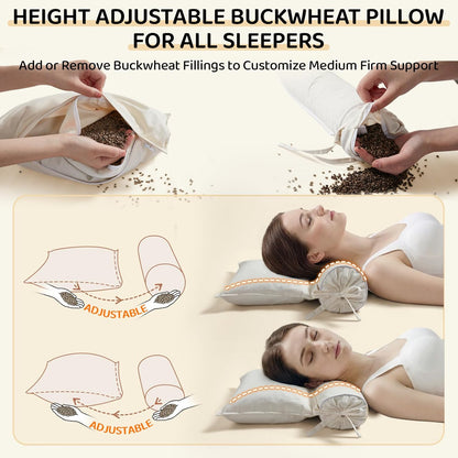 Buckwheat Pillow – 3-Point Head Neck Shoulder Support, Detachable | Fill Shoulder Gap for Pain-Free For Side&Back Sleepers, Adjustable Buckwheat Pillow for Sleeping, Extra Organic Pillowcases