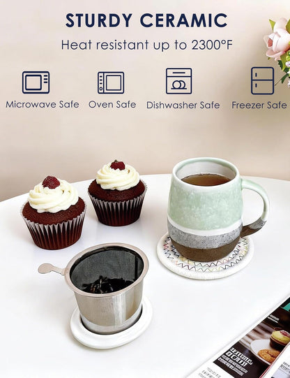 SISETOP 13.5 OZ Large Tea Cup with Infuser and Lid, Reactive Glaze Tea Infuser Mug, Ceramic Loose Leaf Teacup for Brewing, Microwave & Dishwasher Safe, Pale Blue