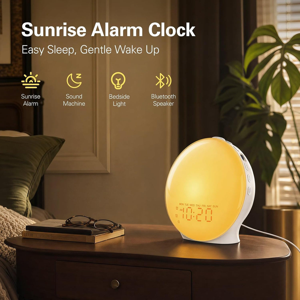 JALL Full-Screen Wake Up Light Sunrise Alarm Clocks for Bedrooms, White Noise Machine for Heavy Sleepers, 25 Natural Sounds, Dual Alarms, FM Radio, 17 Dimmable Colors, Bluetooth Speaker