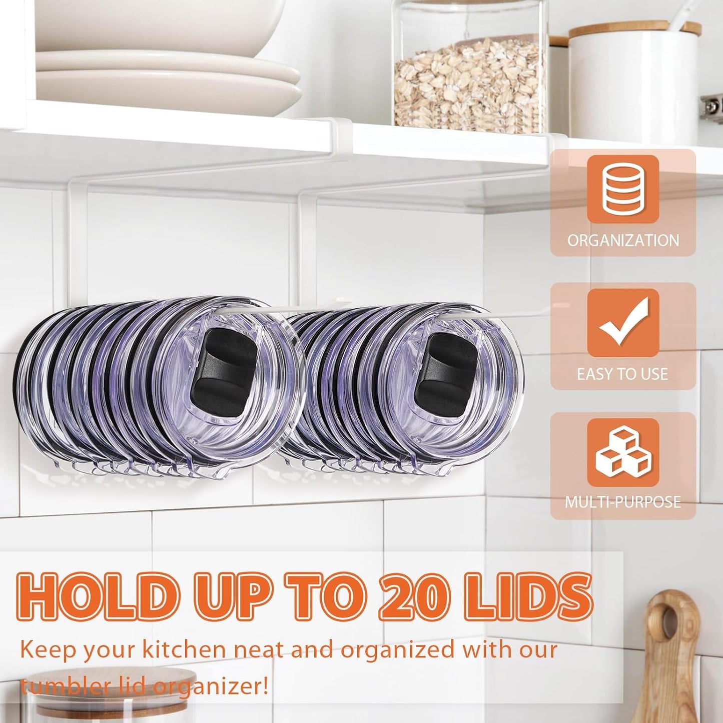 Tumbler Lid Organizer, Versatile Tumbler Lid Storage Holds 10 Lids, Black | Space Saving Cup Lid Organizers Inside Cabinet Tumbler Lid Hook for Kitchen Organizer and Storage, Paper Towel Rack Hanger