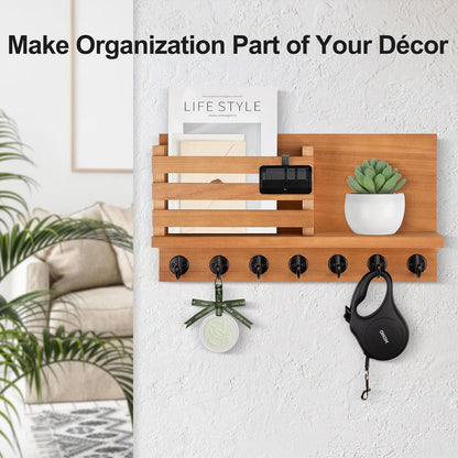 Lwenki Key Holder for Wall – Decorative Wooden Mail Holder and Key Shelf with Mounting Hardware, Installation Guide – Paulownia Wood with Metal Key Hooks (Black, Large - 11.8inch)