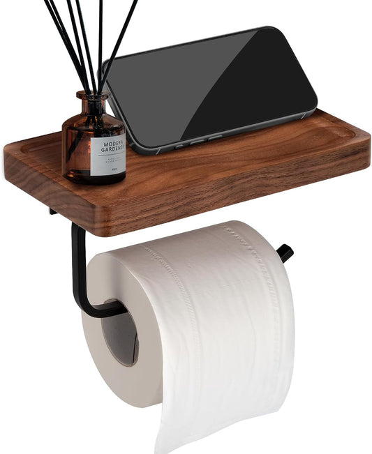 Toilet Paper Holder Walnut Wood Shelf - Wall Mount & Self-Adhesive | Bathroom Tissue Holder, Black Stainless Steel with Walnut Shelf for Phone - Home Apartment Restroom Decor Essentials