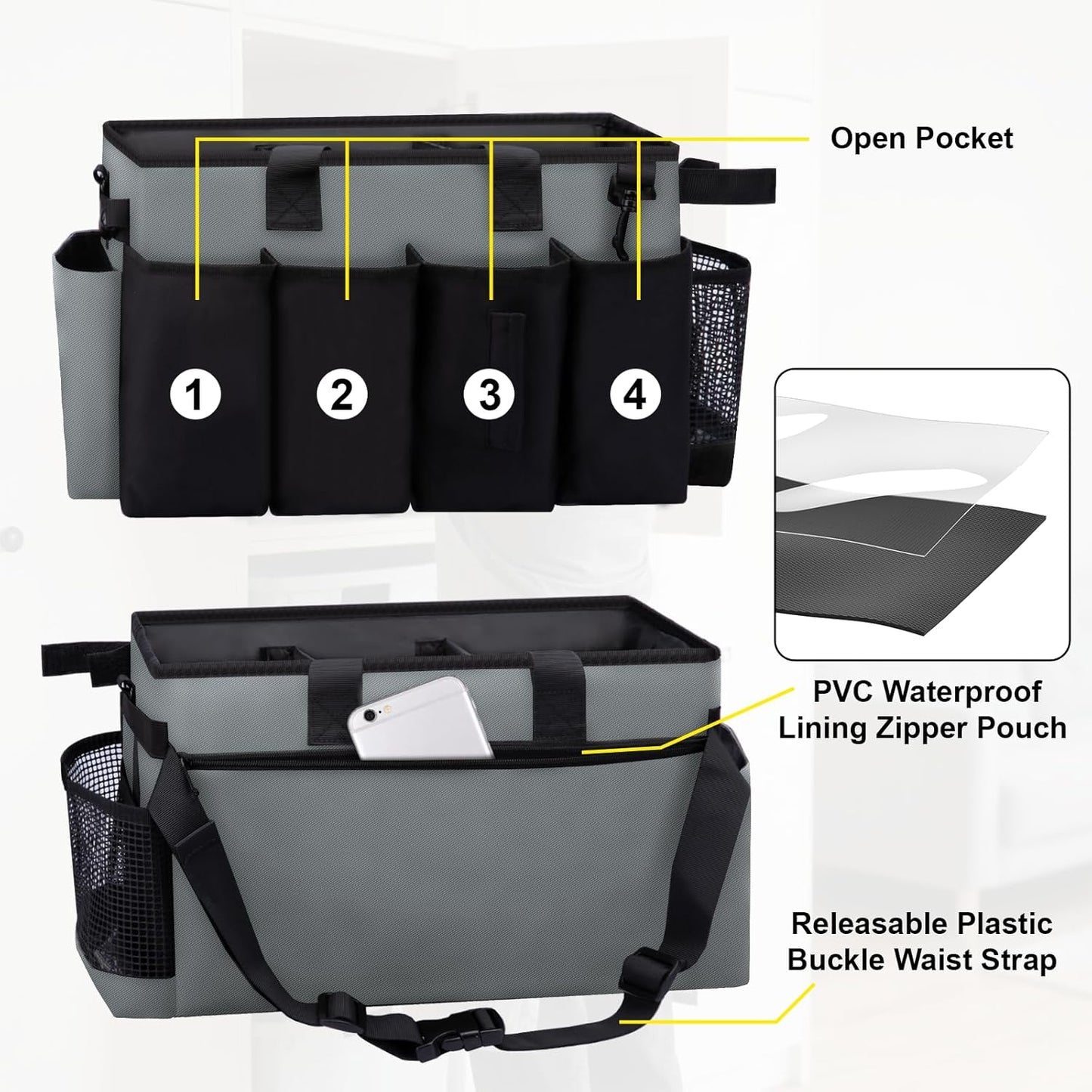 Wearable Large Cleaning Caddy Bag for Housekeepers (Black&Gray) | Cleaning Supplies Organizer with Adjustable Shoulder, Waist & Handle Straps, Detailing Bag for Kitchen Supplies
