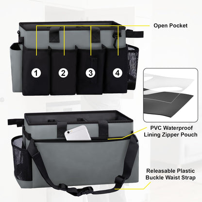 Wearable Large Cleaning Caddy Bag for Housekeepers (Black&Gray) | Cleaning Supplies Organizer with Adjustable Shoulder, Waist & Handle Straps, Detailing Bag for Kitchen Supplies