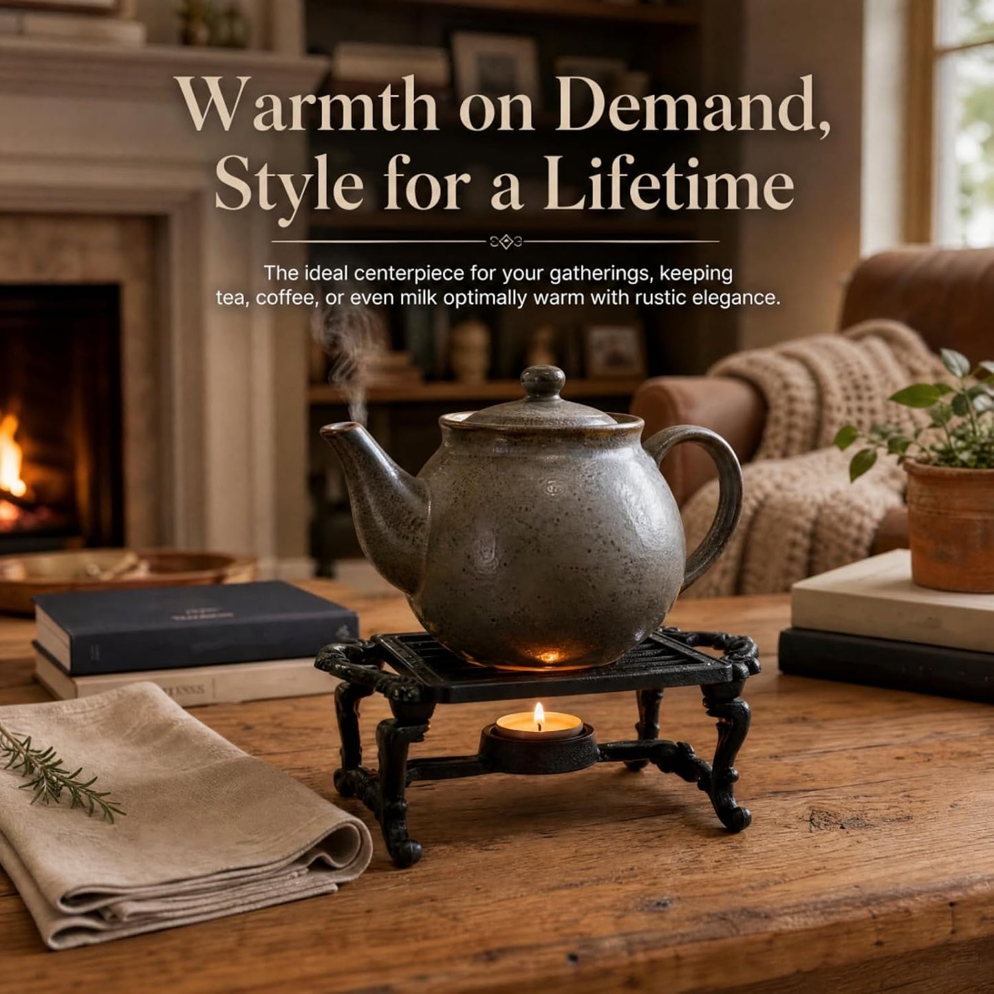 Cast Iron Teapot Warmer | Heavy-duty Teapot Heater with Tealight Holder, Handle, Kettle Stand Coffee Cup Base for Heating Milk, Food, Tea, Soup