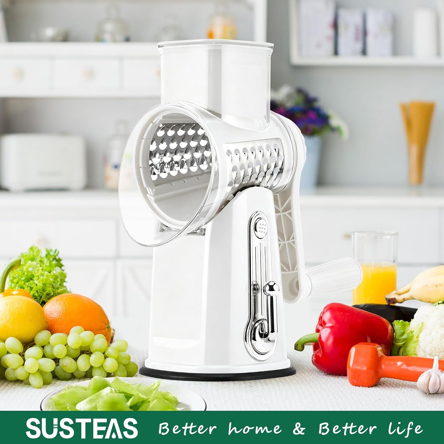 SUSTEAS Rotary Cheese Grater 5 Blades,Kitchen Mandoline Vegetable Slicer | White, Easy to Clean, Strong Suction Base, 5 Blades Storage Box, Round Mandoline Slicer & Food Chopper for Salad