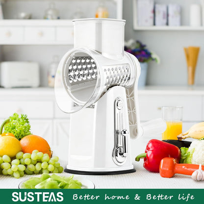 SUSTEAS Rotary Cheese Grater 5 Blades,Kitchen Mandoline Vegetable Slicer | White, Easy to Clean, Strong Suction Base, 5 Blades Storage Box, Round Mandoline Slicer & Food Chopper for Salad