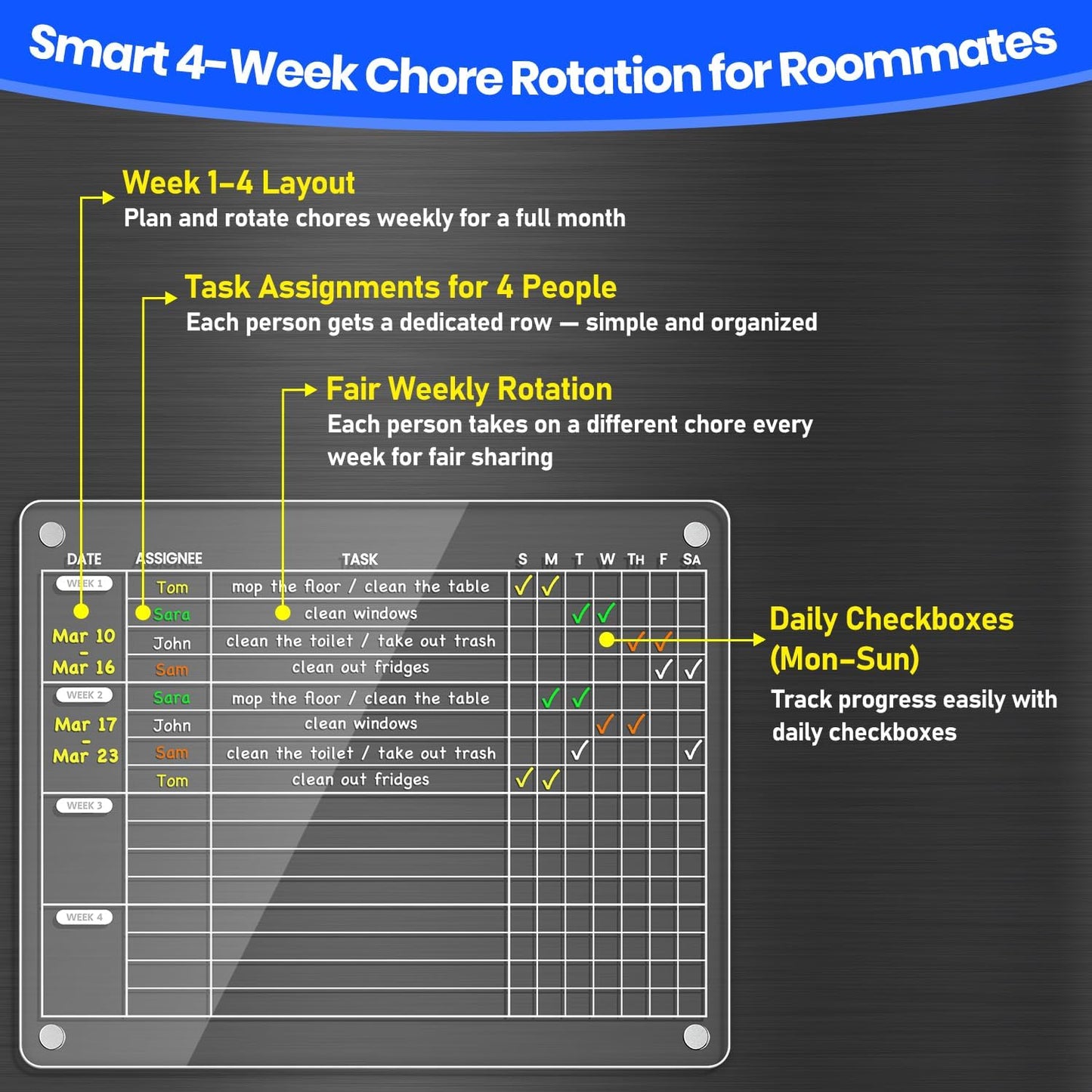 PigPotParty Acrylic Magnetic Chore Chart for Kids, 12x9.5 Inch, 2 Pack | Sleek Clear Acrylic Design, Reward System Builds Habits, Built-In Magnets Require No Installation, 8 Wet-Erase Markers