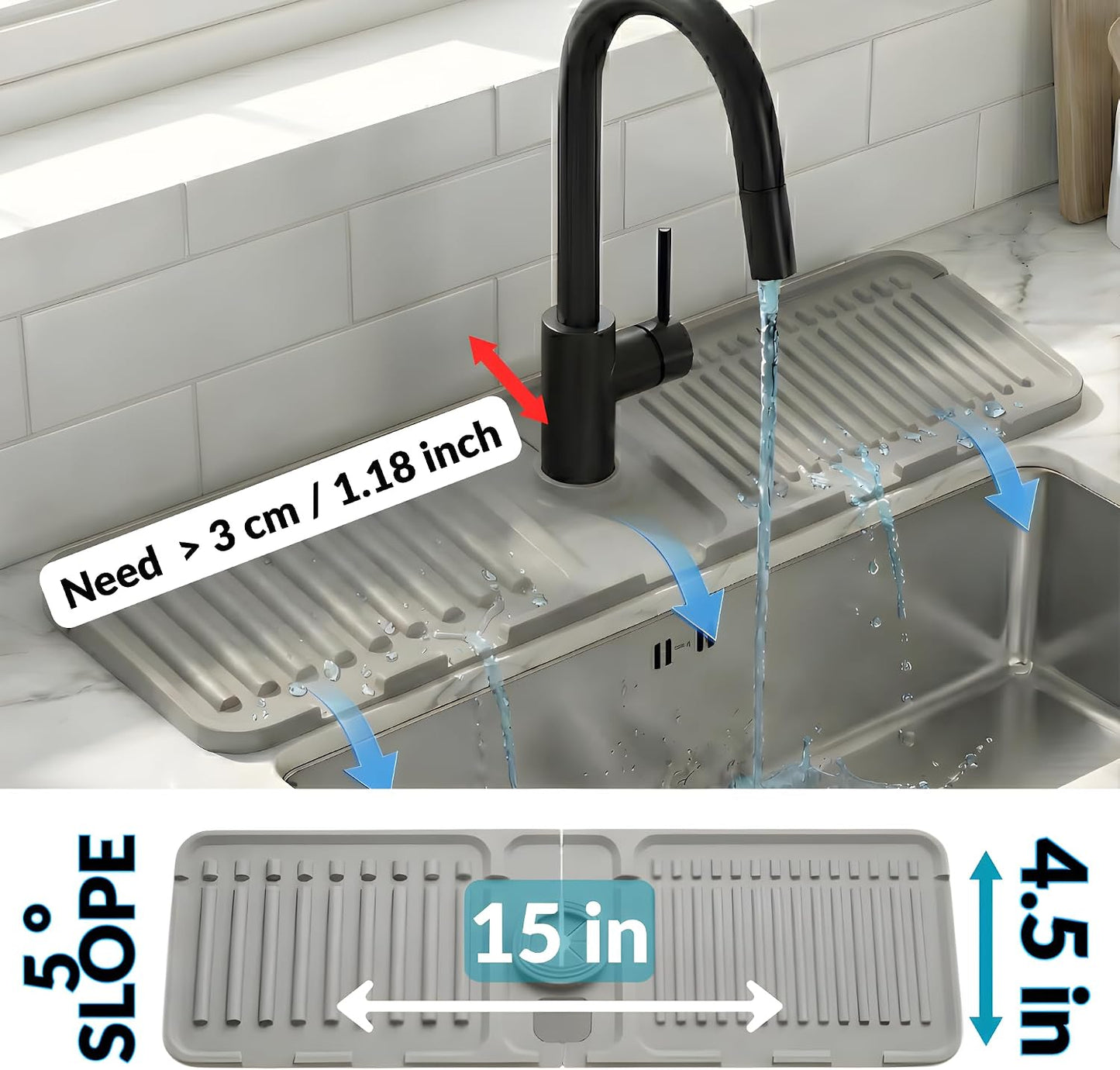 Silicone Faucet Mat for Kitchen Sink Splash Guard, 2-Piece Set – Each (15 × 4.5 in) – 5° Slope Fast Draining Water Guard – Universal Fit for 3.5–6 cm Faucets – Counter Protection, Grey