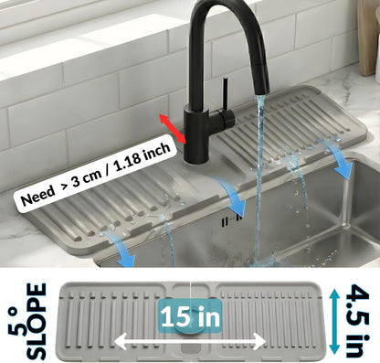Silicone Faucet Mat for Kitchen Sink Splash Guard, 2-Piece Set – Each (15 × 4.5 in) – 5° Slope Fast Draining Water Guard – Universal Fit for 3.5–6 cm Faucets – Counter Protection, Grey