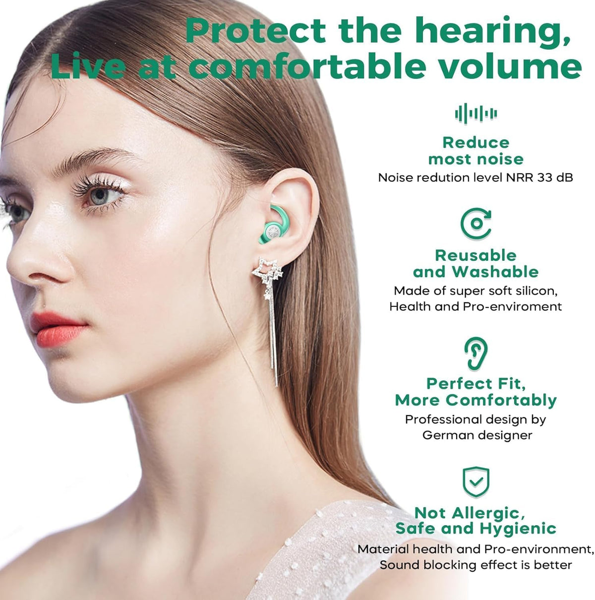 Noise Cancelling Ear Plugs for Sleeping - BUENSUENO 2 Pairs Reusable Washable Silicone Earplugs with Travel Case for Sleep, Work, Swimming, Sound Blocking Sleeping, Concert (HM Orange) (Light Green)