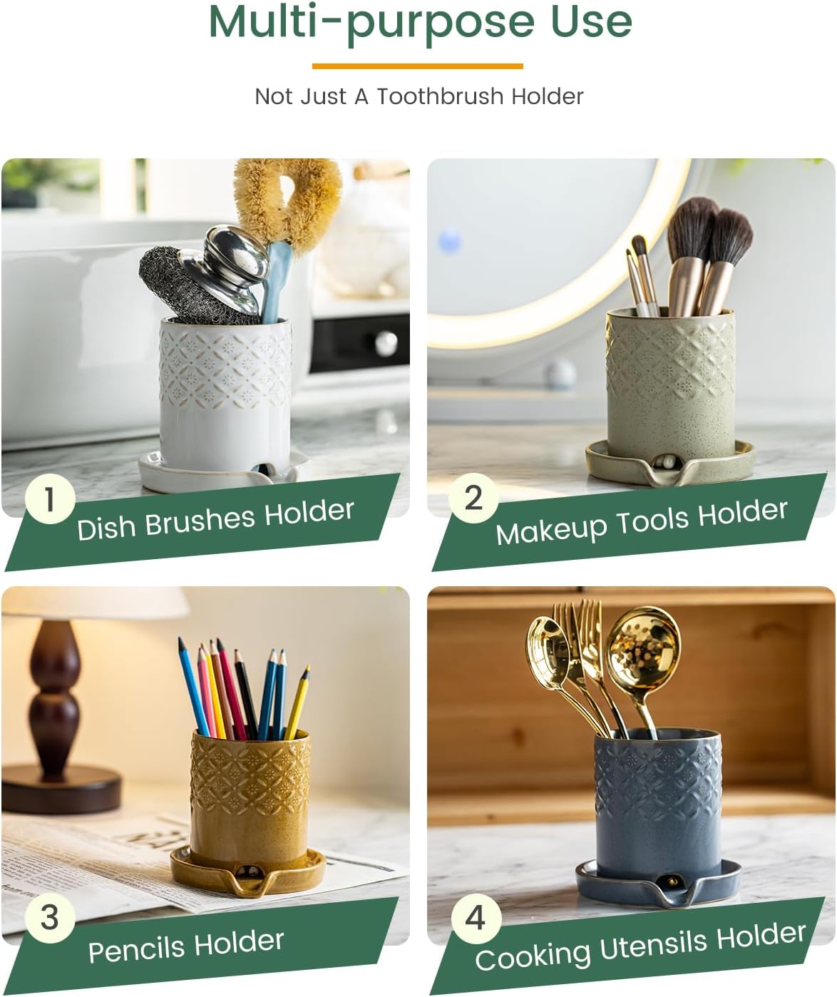 Zoeeker Toothbrush Holder with Drainage, Ceramic Toothbrush Holders Set | Electric Toothbrush & Toothpaste Holder for Bathrooms Self-draining Tooth Brush Cup Countertop Organizers for Family, Yellow