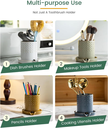 Zoeeker Toothbrush Holder with Drainage, Ceramic Toothbrush Holders Set | Electric Toothbrush & Toothpaste Holder for Bathrooms Self-draining Tooth Brush Cup Countertop Organizers for Family, Yellow