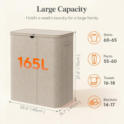 Lifewit 185L 3 Section Laundry Hamper with Lid, Laundry Basket, Beige | Large Foldable Laundry Sorter with 3 Removable Bags, Tall Clothes Hamper for Bedroom and Bathroom