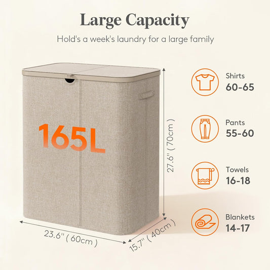 Lifewit 185L 3 Section Laundry Hamper with Lid, Laundry Basket, Beige | Large Foldable Laundry Sorter with 3 Removable Bags, Tall Clothes Hamper for Bedroom and Bathroom