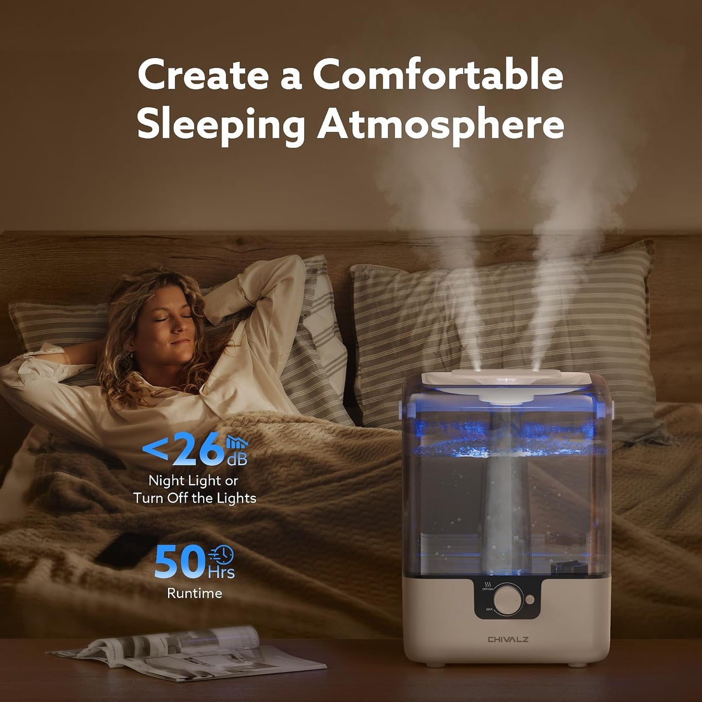 CHIVALZ 6L Humidifiers for Bedroom, Cool Mist, 26dB, 50H Runtime, White | Top Fill Humidifiers for Home, Baby Nursery, Large room, Plants, Nightlight, Oil Diffuser, Quiet, Easy to Refill and Clean