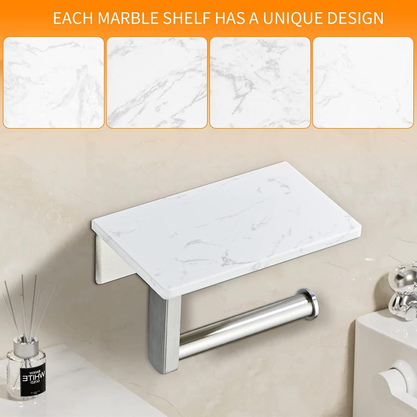 Brushed Nickel Toilet Paper Holder with Marble-Look Shelf, Wall Mounted SUS304 Stainless Steel Toilet Roll Holder with Phone Storage