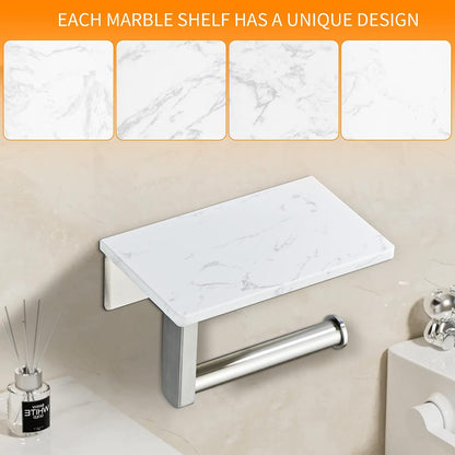 Brushed Nickel Toilet Paper Holder with Marble-Look Shelf, Wall Mounted SUS304 Stainless Steel Toilet Roll Holder with Phone Storage