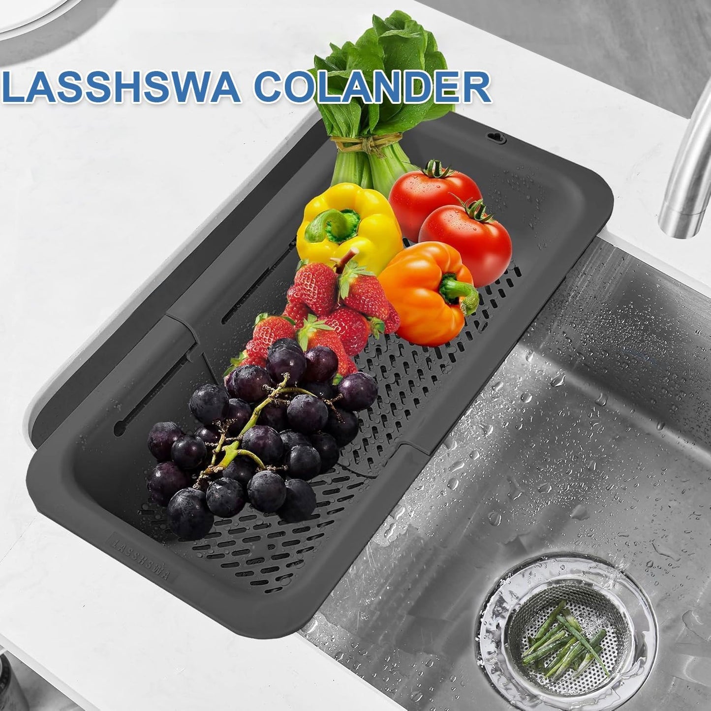 LASSHSWA Collapsible Colander for Kitchen, Over the Sink Strainer Basket for Kitchen, Fruit Pasta Food Strainer Expandable Plastic Colander BPA Free (Black)