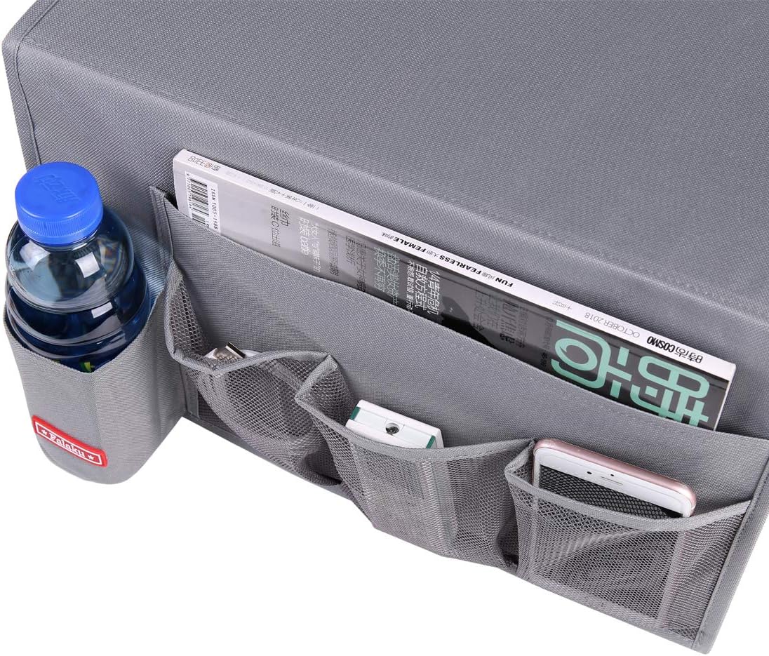 Bedside Caddy,Bedside Organizer Caddy Under Mattress,Holds Magazines,Books (4 Pockets-Grey)