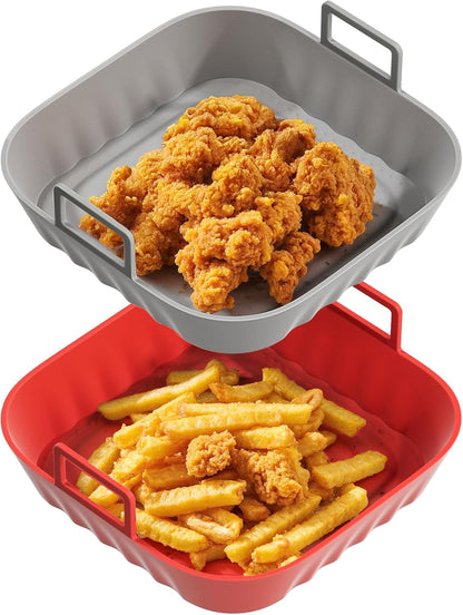Li&Zhao Silicone Air Fryer Liners Reusable - 2 PCS Square Air Fryer Inserts Air Fryer Accessories 4 to 7 Qt Silicone Liners Basket for Kitchen (Red & Gray)