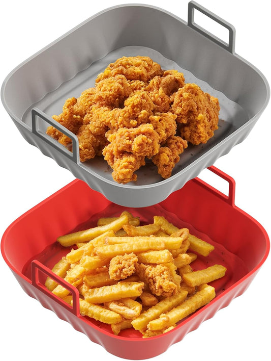 Li&Zhao Silicone Air Fryer Liners Reusable - 2 PCS Square Air Fryer Inserts Air Fryer Accessories 4 to 7 Qt Silicone Liners Basket for Kitchen (Red & Gray)