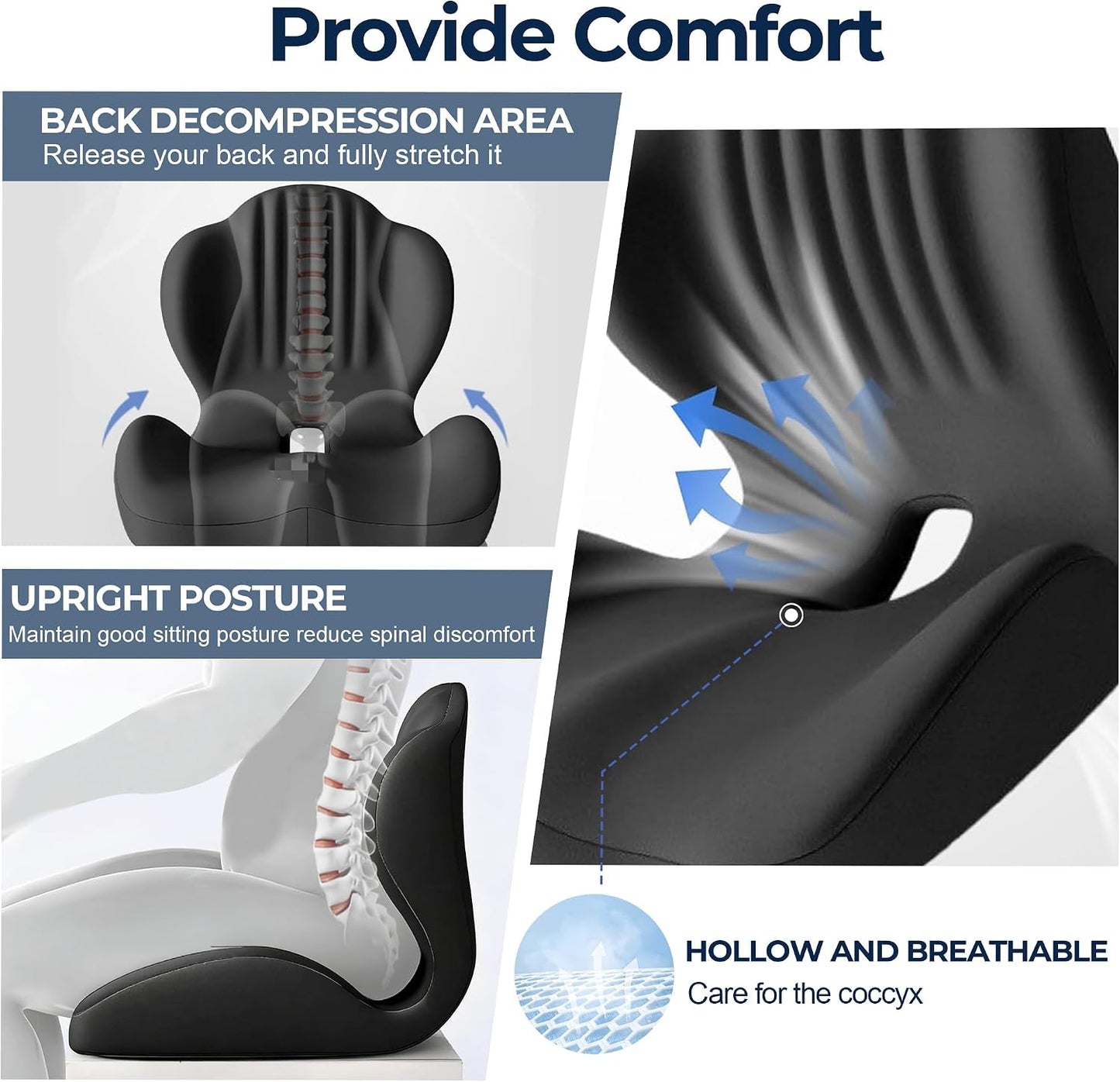 Seat Cushion for Office Chair and Car, L-Shaped Ergonomic Seat Cushions,Memory Foam Orthopedic Cushion with Coccyx Hollow,Lumbar Support & Tailbone Pain Relief for Car, Truck, Home,Gaming Chair,Black