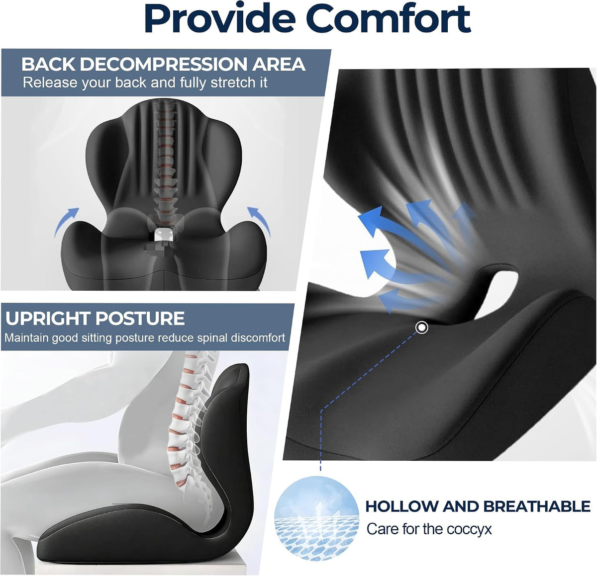 Seat Cushion for Office Chair and Car, L-Shaped Ergonomic Seat Cushions,Memory Foam Orthopedic Cushion with Coccyx Hollow,Lumbar Support & Tailbone Pain Relief for Car, Truck, Home,Gaming Chair,Black