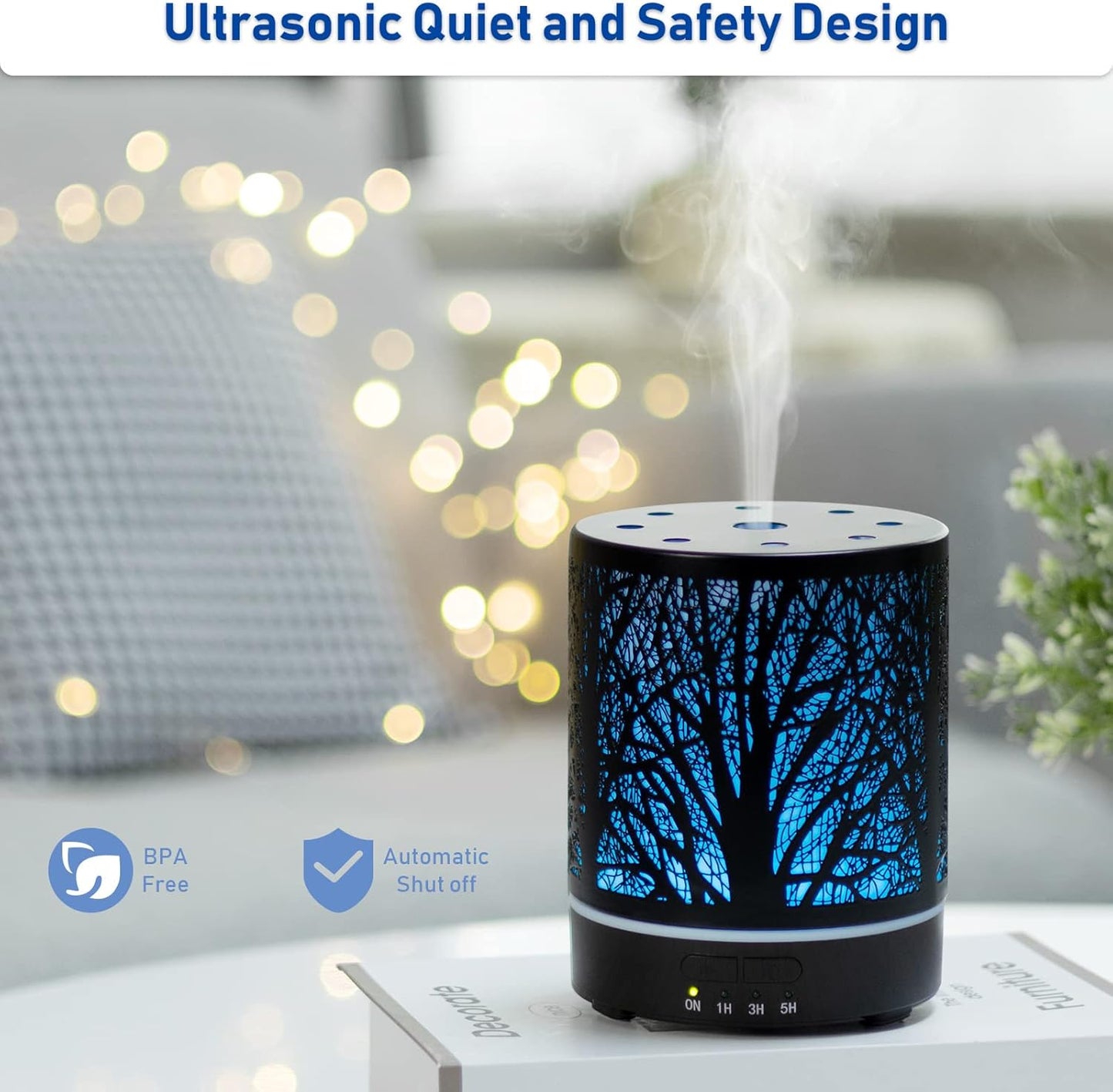 EQUSUPRO Essential Oil Diffuser 150ml Black Metal Aromatherapy Oil Diffuser Ultrasonic Cool Mist Diffuser with Auto Shut-Off Protection,7 Colors Changed LED for Home Office SPA Yoga
