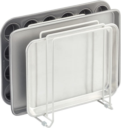 mDesign X-Large Steel Storage Tray Organizer Rack for Kitchen Cabinet - Divided Holder with 5 Slots for Skillets, Frying Pan, Pot Lids, Cutting Board, Baking Sheets - Concerto Collection - White