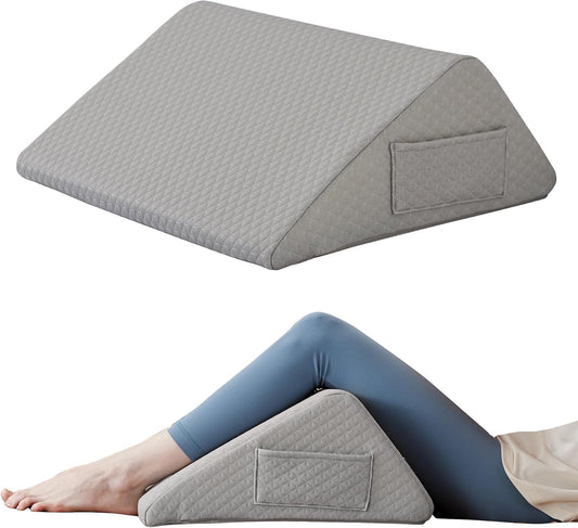 Ruqmuis Knee Pillow for Back Sleeping, 8” Knee Wedge Pillow to Elevate Knee, Leg Pillow for Back Pain Relief, Triangle Pillow, Leg Elevation Pillows for After Surgery, Blood Circulation, White/Grey