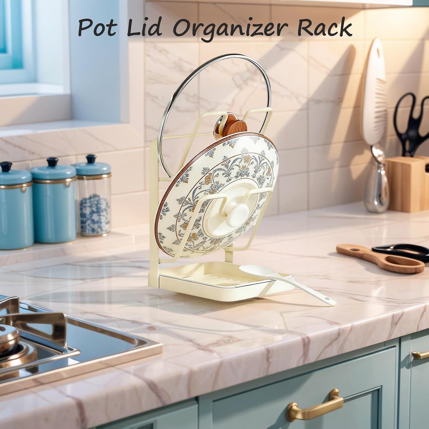 Kitchen Pot Lid Storage Rack, Pot Lid Holder While Cooking for Countertop | Stainless Steel Pot Lid Rack, Kitchen Countertop Organizer Removable Drip Tray, Lid Cutting Board Ladle Storage for Stove Top