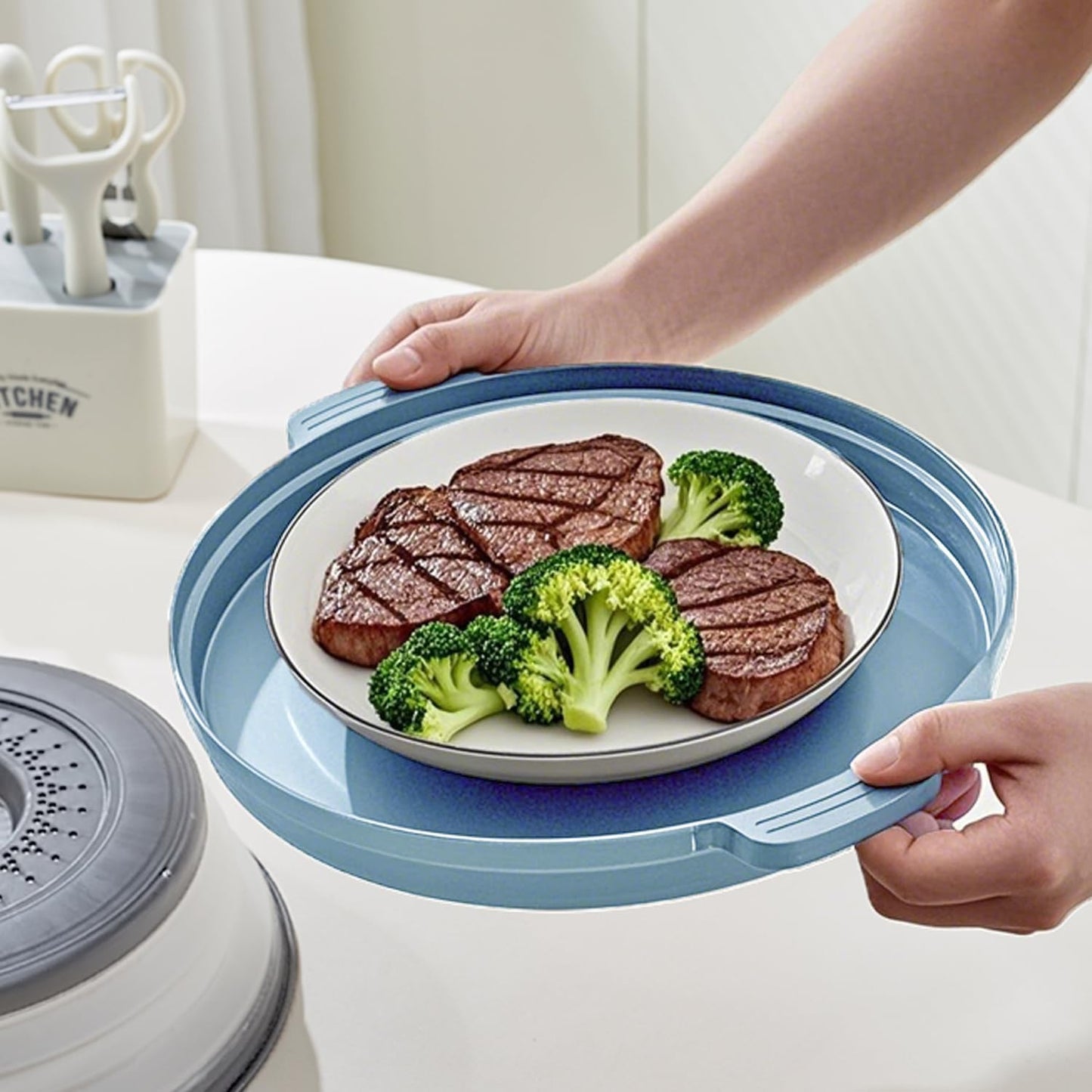 Microwave Splatter Cover with Anti-Scald Tray, 10.7" Collapsible - Red | Collapsible microwave food cover with an anti-scald tray. Fits most plates up to 10.7 inches and helps reduce food splatter.