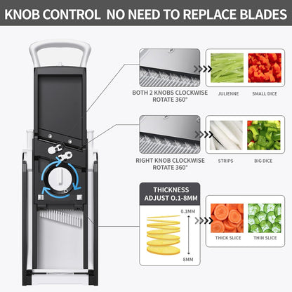 QYKIC Safe Mandoline Slicer Pro for Kitchen, Adjustable Chopper 6 in 1 | Potato Slicer Onion Chopper Fry Cutter Julienne Dicer Large Chute Stainless Steel Blades Detachable Dishwasher Safe Gifts